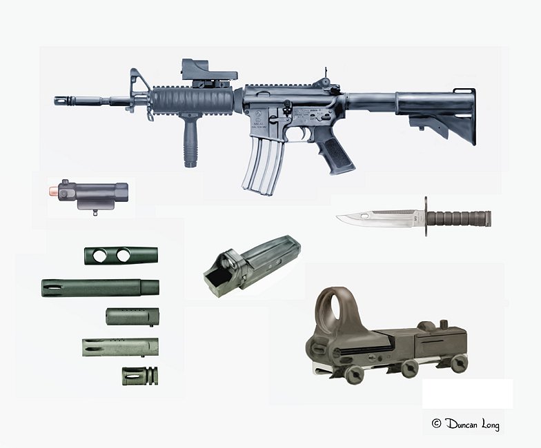 US M4 Carbine with accessories - an illustration for Duncan Long's AR-15/M16 Complete Sourcebook from Paladin Press