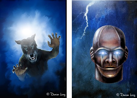 Two proposed book cover illustrations by artist Duncan Long