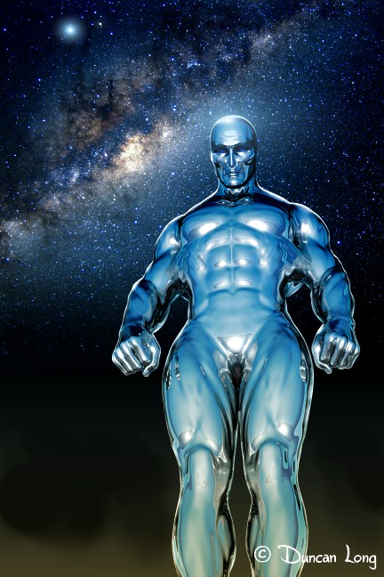 Chrome Man -- robot or super being -- artwork by illustrator Duncan Long