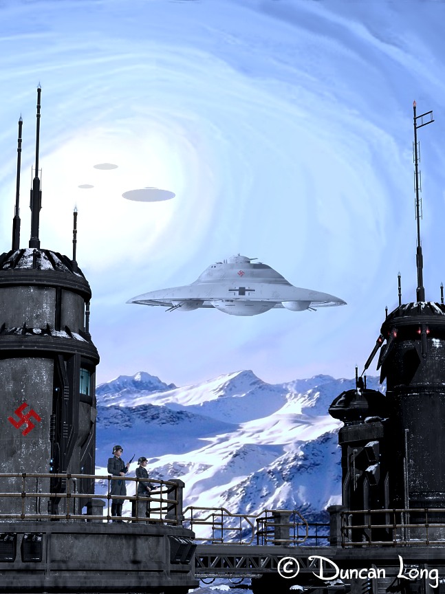 Nazi base and UFO artwork for book cover