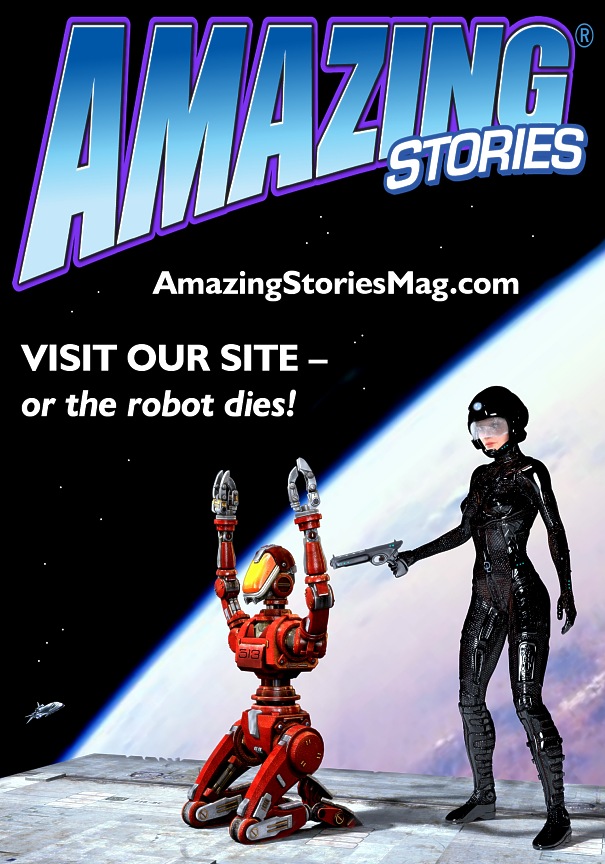 Robot and space gal illustration for Amazing Stories Magazine