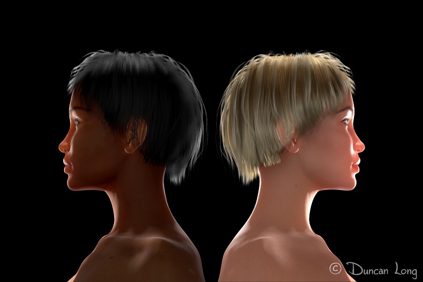 Two versions of the same 3D model with different skin and hair tones