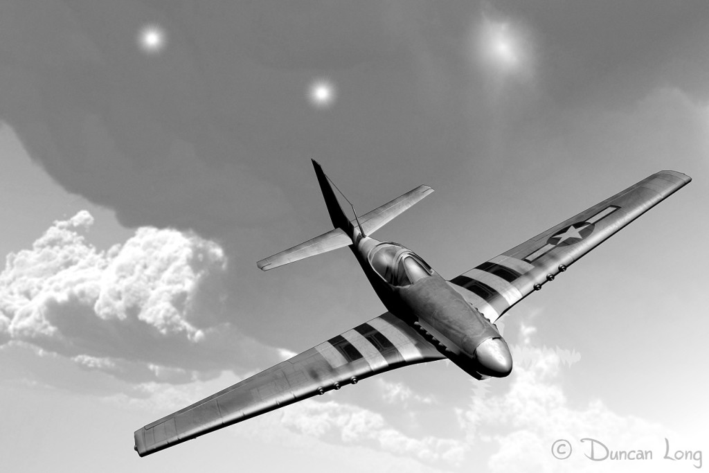 Book Illustration: Foo Fighters following a US Mustang fighter plane
