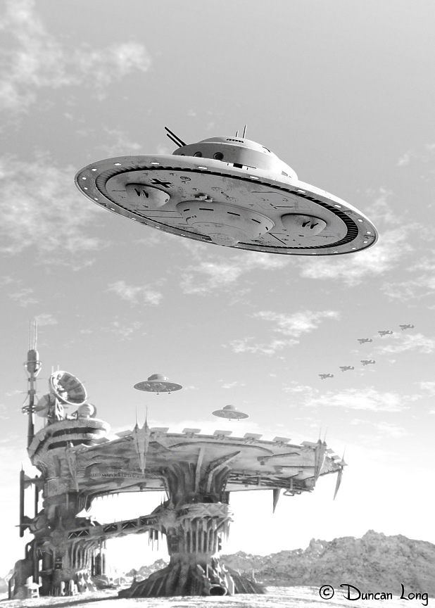 Illustration by graphic artist Duncan Long of a Nazi Saucer Base in Antarctica