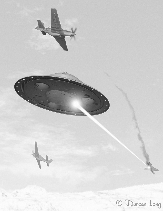 UFO air battle with US fighter planes - book art by illustrator Duncan Long
